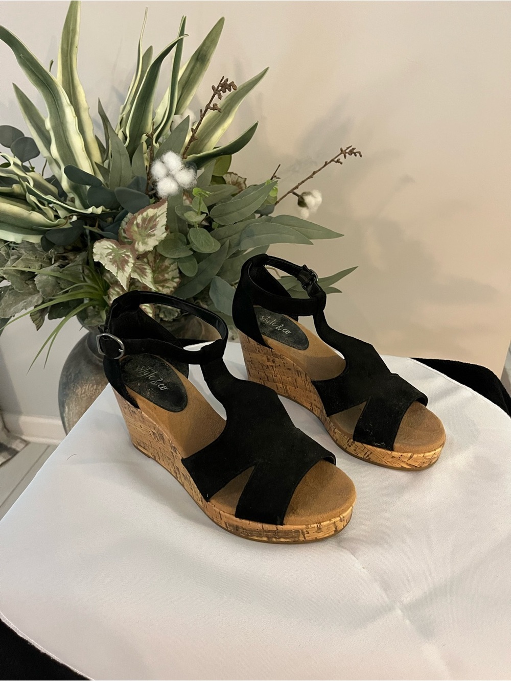Style & Co. Black Cork Wedge Sandals with Ankle Strap